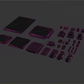 Various Electronic Components Including Different Sized Chips And Small Connectors On Dark Surface 3d model