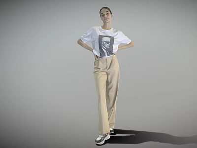 Woman Wearing White T shirt With Graphic Print And Beige Wide Leg Pants In Gray Background 3d model