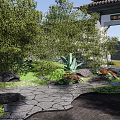 Peaceful Residential Landscape Design With Stone Path Lush Greenery And Trees
