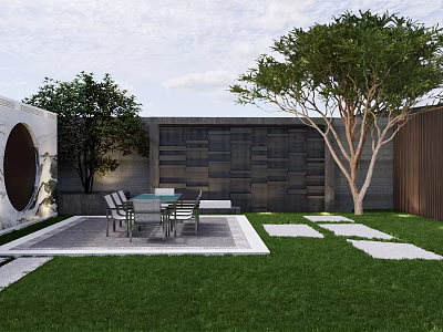 Courtyard Garden With Lush Green Lawn Outdoor Dining Table Tall Trees Stone Wall And Paved Path 3d model