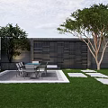Courtyard Garden With Lush Green Lawn Outdoor Dining Table Tall Trees Stone Wall And Paved Path