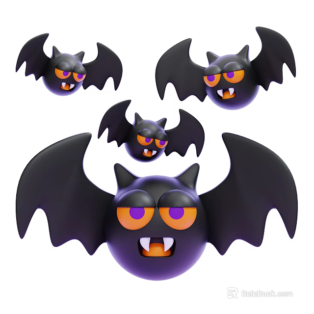 Cute Black Bat Characters With Yellow Eyes Orange Mouths Multiple Different Sizes Playful Design 3d model 