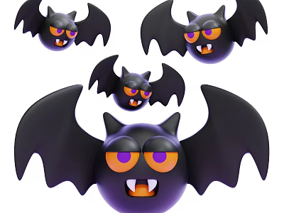 Cute Black Bat Characters With Yellow Eyes Orange Mouths Multiple Different Sizes Playful Design 3d model