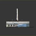Industrial Factory Building With Tall Chimney Gray Roof And Blue Door