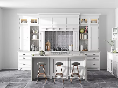 Classic White Kitchen Interior With Island Counter Bar Stools And Gray Tile Backsplash 3d model