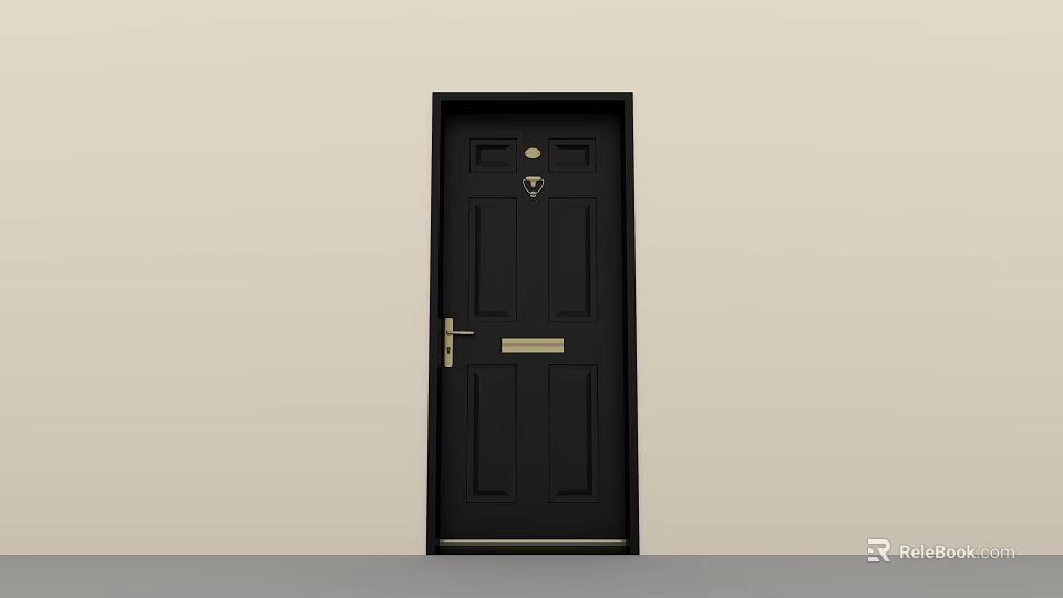 Black Front Door With Golden Handle Mail Slot And Decorative Elements 3d model