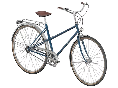 Classic Design Industrial Equipment Blue Bicycle With Brown Leather Seat And Rear Rack 3d model