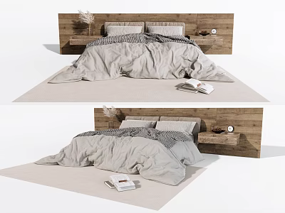 Modern Double Bed With Wooden Headboard Linen Bedding Nightstands And Neutral Rug 3d model