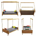 Hammock Bed With Wooden Frame Striped Mattress And Colorful Pillows Multiple Views