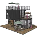 Modern Café Interior With Large Windows Wooden Walls Long Table Metal Chairs GreenToned Painting Bookshelves