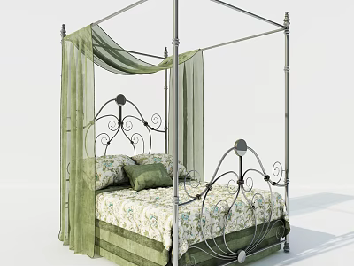 Elegant Four Poster Double Bed With Metal Frame Green Canopy Curtains And Floral Bedspread 3d model