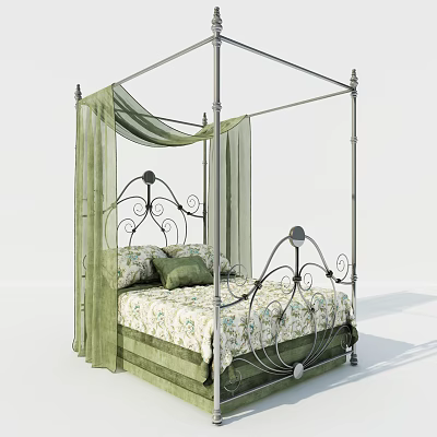Elegant Four Poster Double Bed With Metal Frame Green Canopy Curtains And Floral Bedspread 3d model