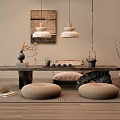 Japanese Tea Table and Chairs With Floor Cushions Tea Sets Hanging Lamps and Wall Art