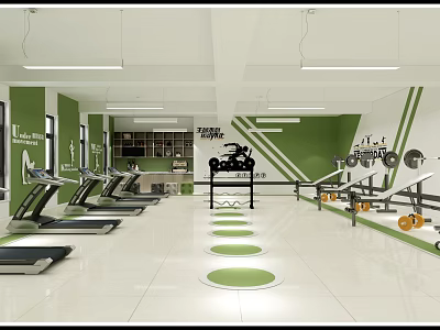 Modern Fitness Gym With Treadmills Dumbbells Barbells And Green White Interior 3d model