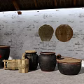 Traditional Kitchenware Display With Earthen Jars Bamboo Sieves And Red Feng Character On Brick Wall