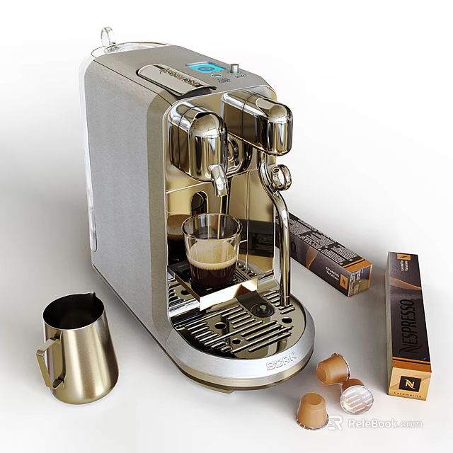 Stainless Steel Automatic Coffee Machine with Coffee Cup and Pods Box in Kitchen 3d model 