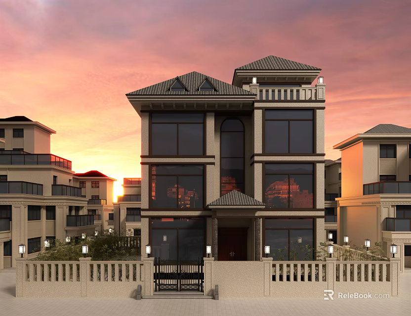 Detached Villa Modern Exterior With Large Windows Tile Roof And Sunset Sky 3d model 
