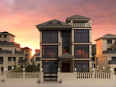 Detached Villa Modern Exterior With Large Windows Tile Roof And Sunset Sky 3d model