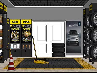 Car Dealership Service Interior With Michelin Tires Car Poster Jack And Tire Stacks 3d model