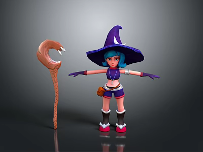 3D Witch Character With Purple Hat Teal Hair And Curved Snake Head Magic Staff 3d model