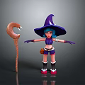 3D Witch Character With Purple Hat Teal Hair And Curved Snake Head Magic Staff
