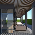 Modern Sales Office Building With Glass Facade Stone Walls Red Sculpture And Water Feature