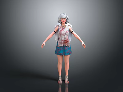 Woman With Silver White Hair Bloodstained Top Blue Skirt And Silver Shoes 3d model
