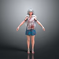 Woman With Silver White Hair Bloodstained Top Blue Skirt And Silver Shoes