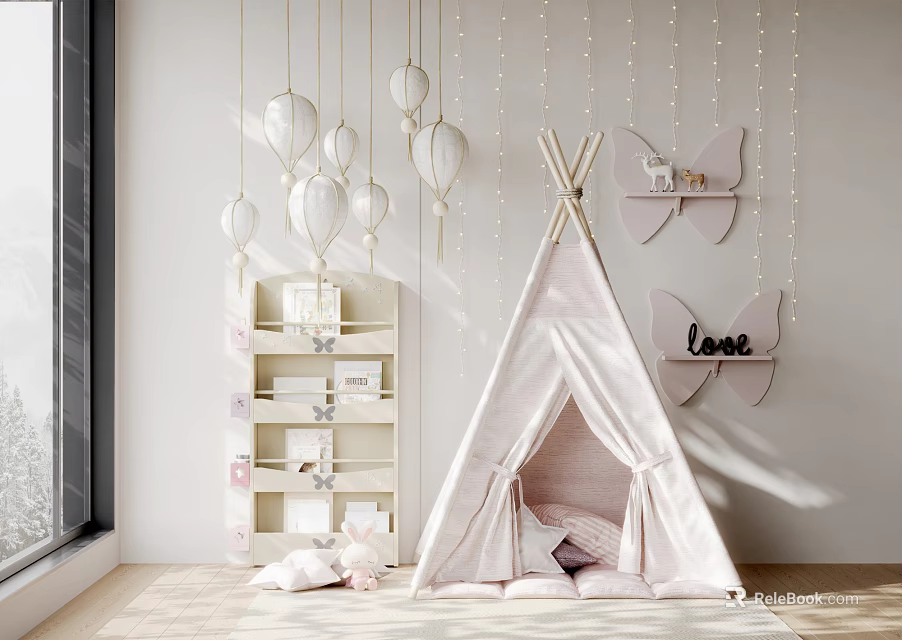 Pink Teepee Tent In Kids Room With Hanging Lanterns Butterfly Decor And Soft Cushions 3d model 