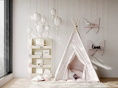 Pink Teepee Tent In Kids Room With Hanging Lanterns Butterfly Decor And Soft Cushions 3d model