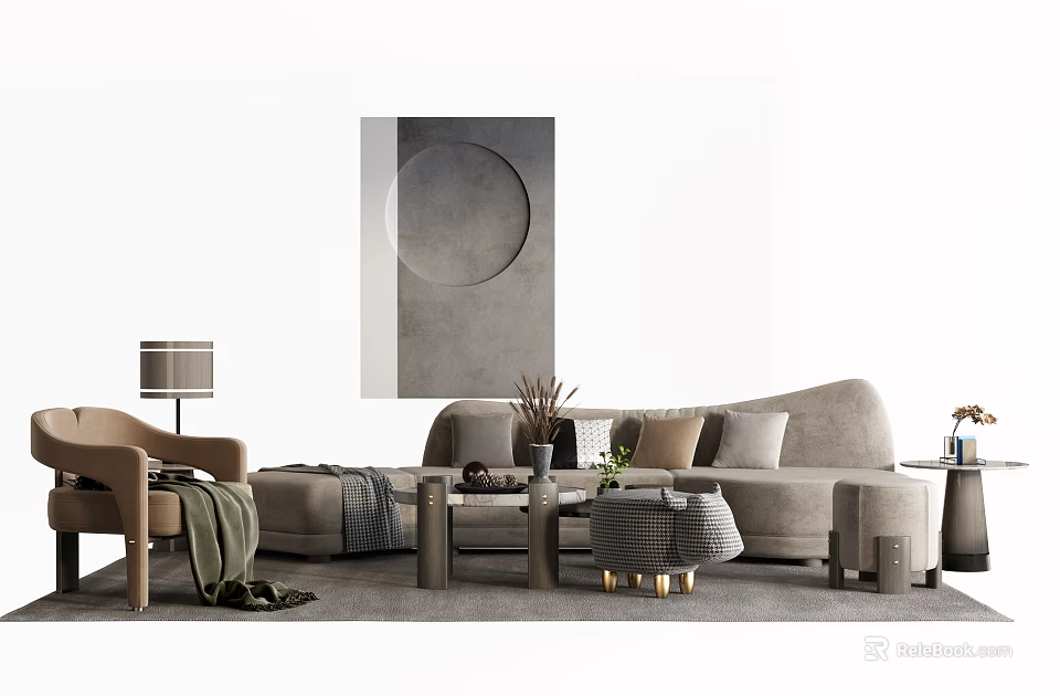 Modern Curved Sofa And Coffee Table Set With Soft Pillows And Decorative Accents 3d model