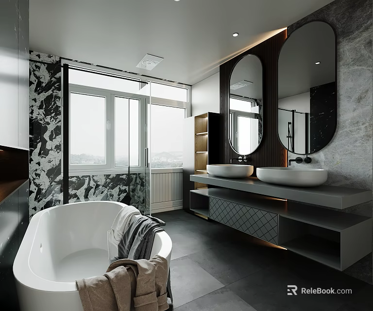 Modern Bathroom Interior With Freestanding Bathtub Double Sinks And Large Mirrors 3d model 