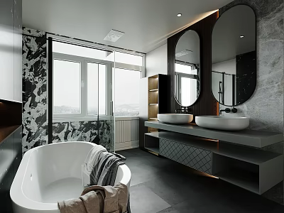 Modern Bathroom Interior With Freestanding Bathtub Double Sinks And Large Mirrors 3d model