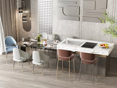 Elegant Modern Dining Set With Marble Tabletop Chairs And Barstools In Design 3d model