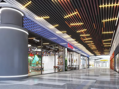 Modern Shopping Mall Lobby with Stylish Ceiling Lighting Retail Shops Marble Floor and Glass Storefronts 3d model