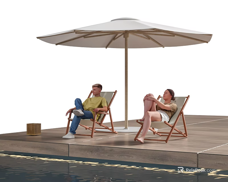 Two People Relaxing On Deck Chairs Under Sun Umbrella By Poolside Deck 3d model 
