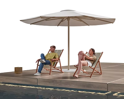 Two People Relaxing On Deck Chairs Under Sun Umbrella By Poolside Deck 3d model