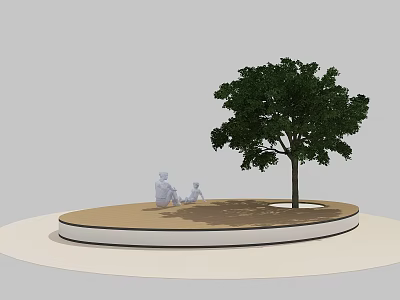 Circular Tree Pit With Large Green Tree White Border And Adult Child Statues 3d model