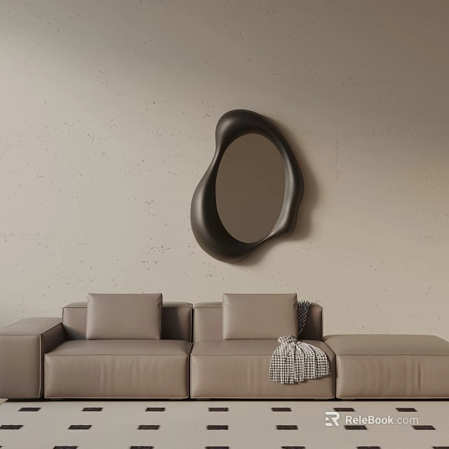 Light Brown Leather Three Seater Sofa with Cushions and Throw Blanket Against Light Colored Wall 3d model 