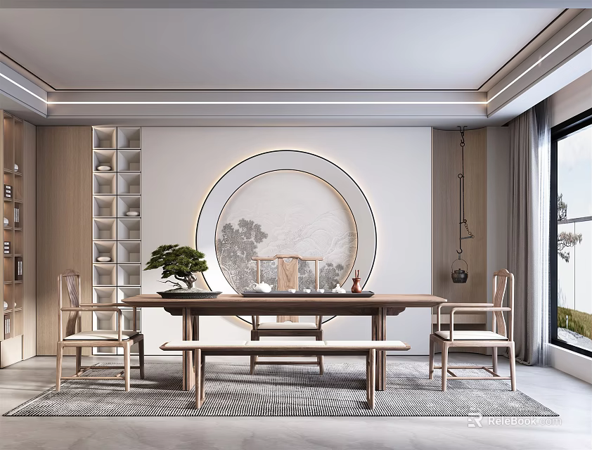 Elegant Chinese Tea Room Interior With Circular Decorative Painting Wooden Table Chairs And Green Plant 3d model 