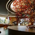 Modern Restaurant Interior Design With Circular Lighting Red Plants And Mountain View 3d model