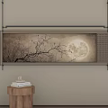 Serene Abstract Painting with Plum Blossom and Moon Hanging on Textured Wall Near Wooden Stool