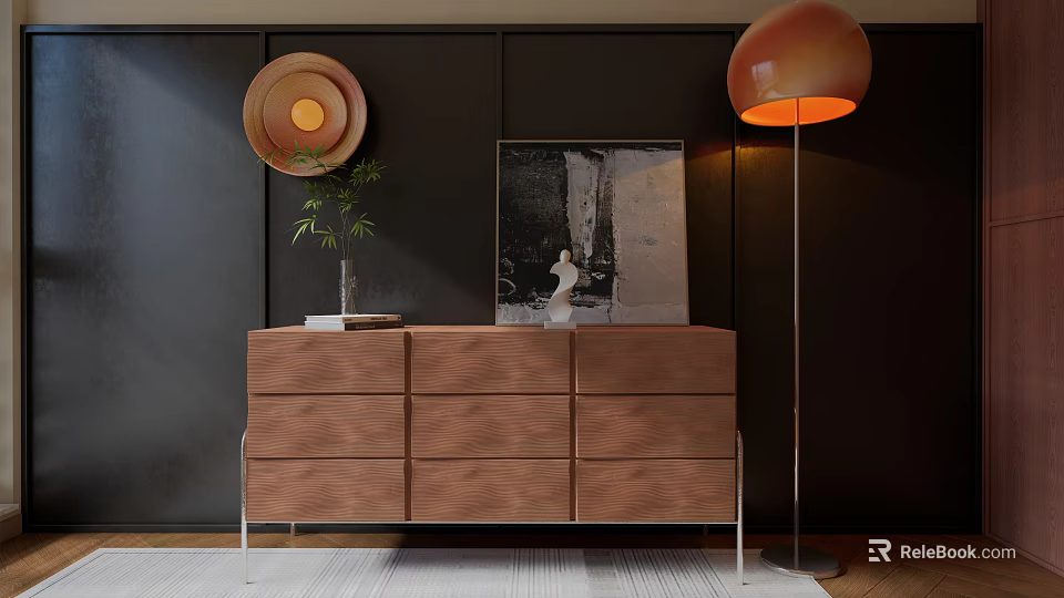 Modern Wooden Sideboard With Floor Lamp Wall Art And Decorative Elements 3d model