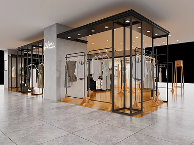 Modern Clothing Store Interior With Glass Facade Black Frame And Hanging Clothes On Wooden Racks 3d model
