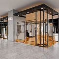 Modern Clothing Store Interior With Glass Facade Black Frame And Hanging Clothes On Wooden Racks