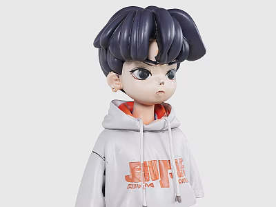 Stylish Doll With Dark Blue Hair Wearing Gray Hoodie Featuring Orange JUPITER Lettering 3d model