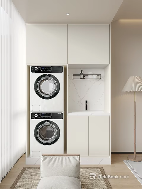 Stacked Washing Machines in Modern Laundry Space with White Cabinets Marble Countertop and Sink 3d model 