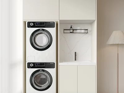 Stacked Washing Machines in Modern Laundry Space with White Cabinets Marble Countertop and Sink 3d model