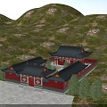 Ancient Chinese Architecture Featuring Red Walls Black Tiles in Lush Mountain Forest Stone Courtyard