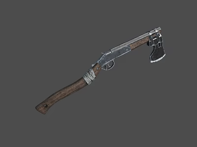 Retro Combination Weapon Featuring Axe Head Rifle Barrel Wooden Grip and Metal Structure 3d model